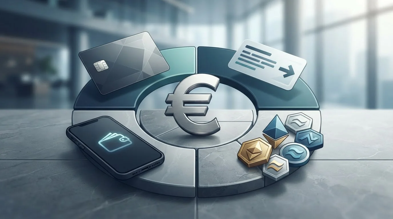Illustrazione editoriale con carta, bonifico, wallet e criptovalute attorno al simbolo euro senza loghi di pagamento