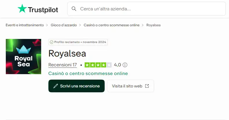 Profilo Trustpilot royalsea.com con punteggio e volume recensioni visibili
