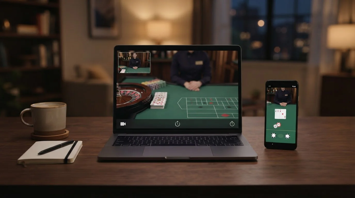 Illustrazione editoriale di un tavolo casino live visto su laptop e smartphone senza marchi o interfacce reali