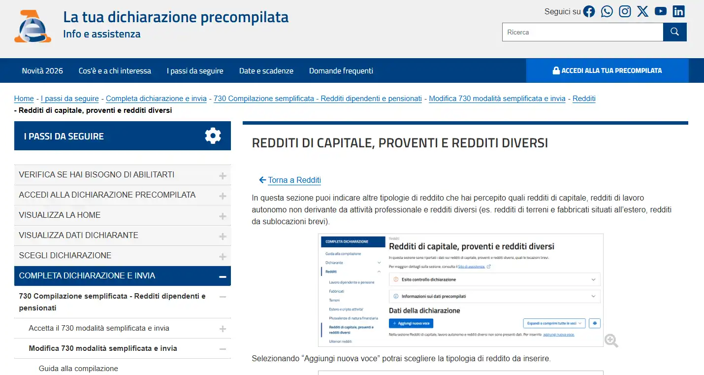 Pagina dell'Agenzia delle Entrate sui redditi diversi del 730/2026 con il codice 9 e l'esempio delle vincite da giochi online conseguite all'estero