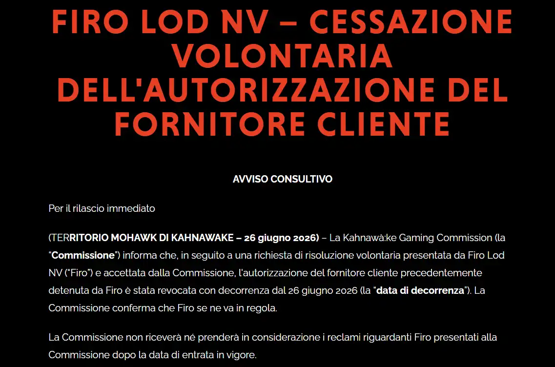 Comunicazione ufficiale Kahnawà:ke sulla cessazione della Client Provider Authorization di Firo Lod N.V.