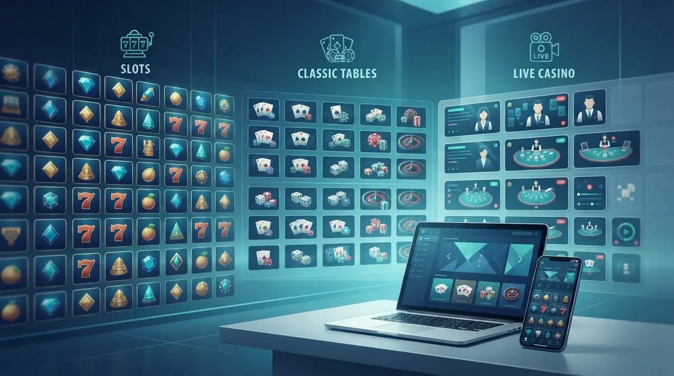 Illustrazione editoriale di una libreria di giochi online con slot, tavoli e live casino senza marchi reali