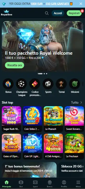 RoyalSea visualizzato realmente in un browser mobile, senza rappresentare una app nativa non presente