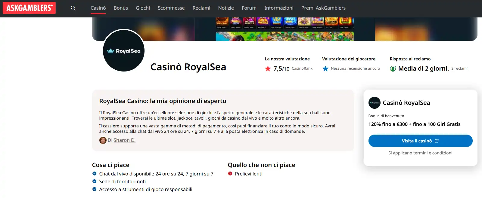 Profilo RoyalSea su una pagina esterna, con il logo del brand visibile